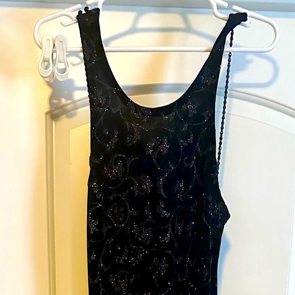 Cache size 10 navy blue and silver sparkle open back long dress